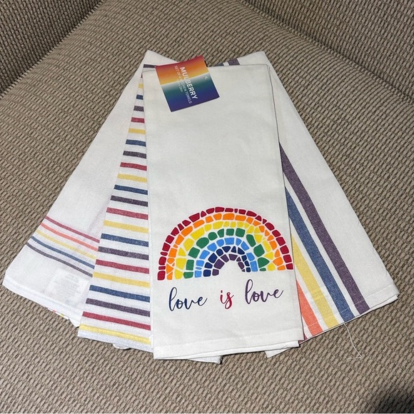 Set of 4 “Love Is Love” Kitchen Towels With Rainbows & Stripes Made By Mulberry. - Picture 1 of 12